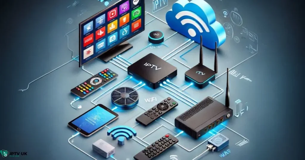 Essential equipment for IPTV setup in the UK, including smart TV, streaming box, mobile device, and Wi-Fi router.