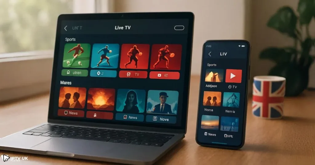 Devices displaying a British IPTV service channel guide with sports, movies, and entertainment options.