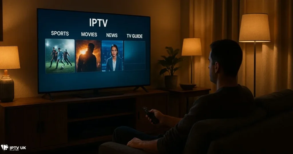 Relaxing at home while enjoying a high-quality British IPTV service for UK streaming.