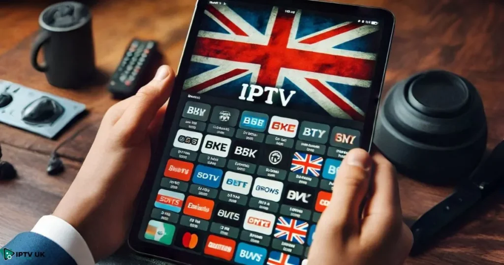 Person Streaming United Kingdom IPTV Channels on Tablet