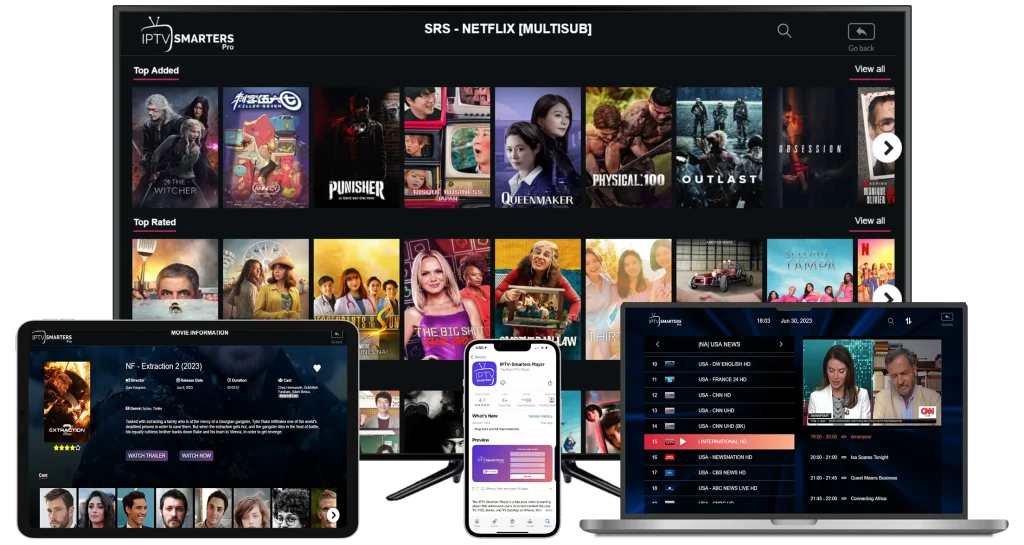 Multiple devices streaming 4K IPTV content with high-quality resolution, showcasing compatibility with smart TVs, Firestick, and other devices."