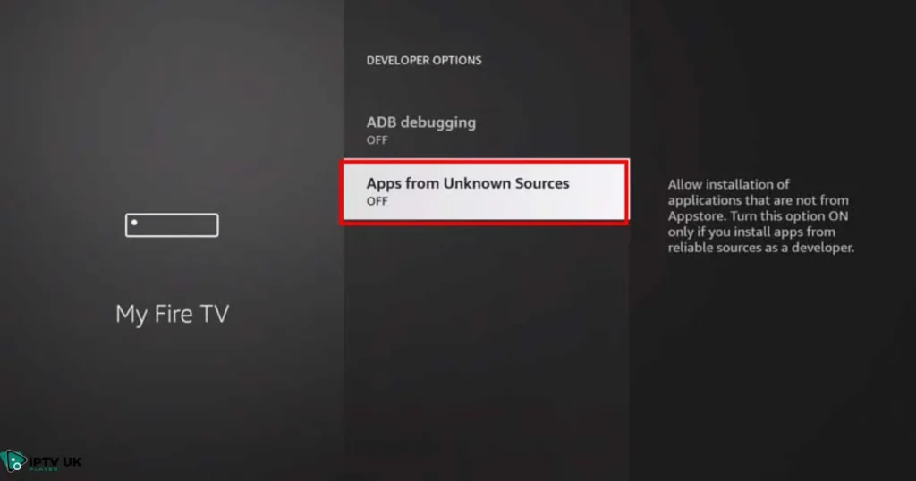 Enabling apps from unknown sources on Firestick to install Sportsfire APK.