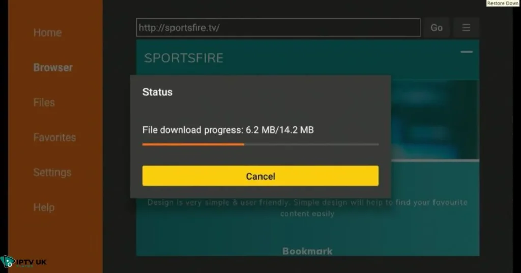 Downloader app used to install Sportsfire APK on Firestick.