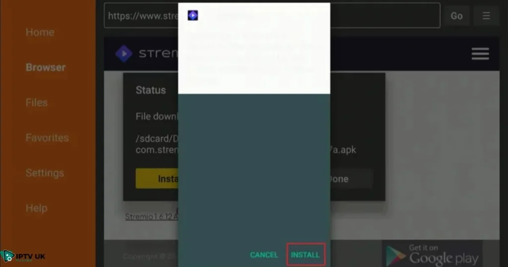 Downloader app used to install Stremio on Firestick