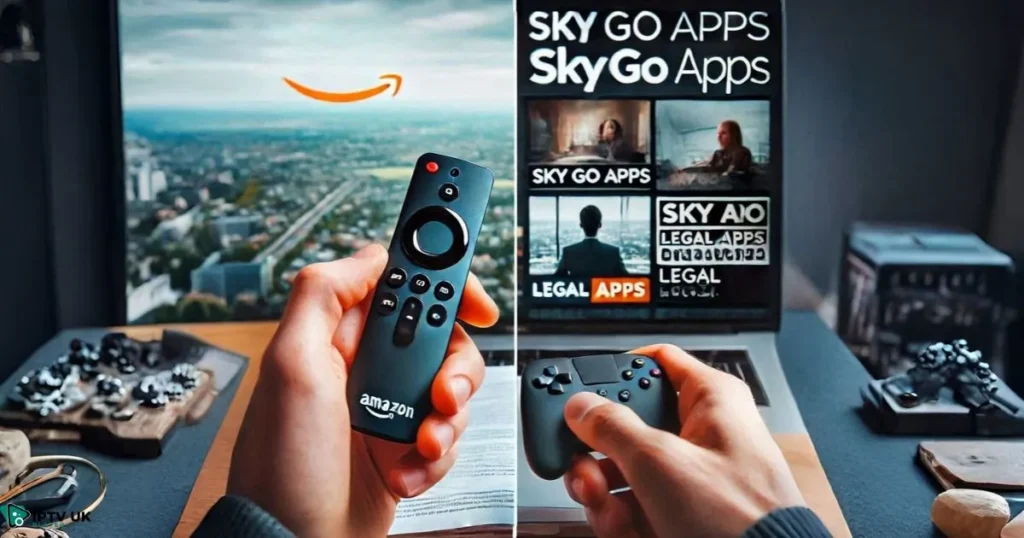 Is it illegal to watch Sky on Firestick? Split-screen showing Firestick and Sky Go legal disclaimer.