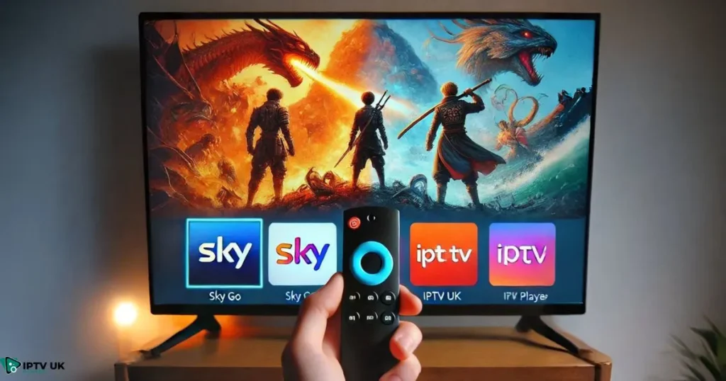 Sky Go and IPTV UK Player apps on Firestick interface.