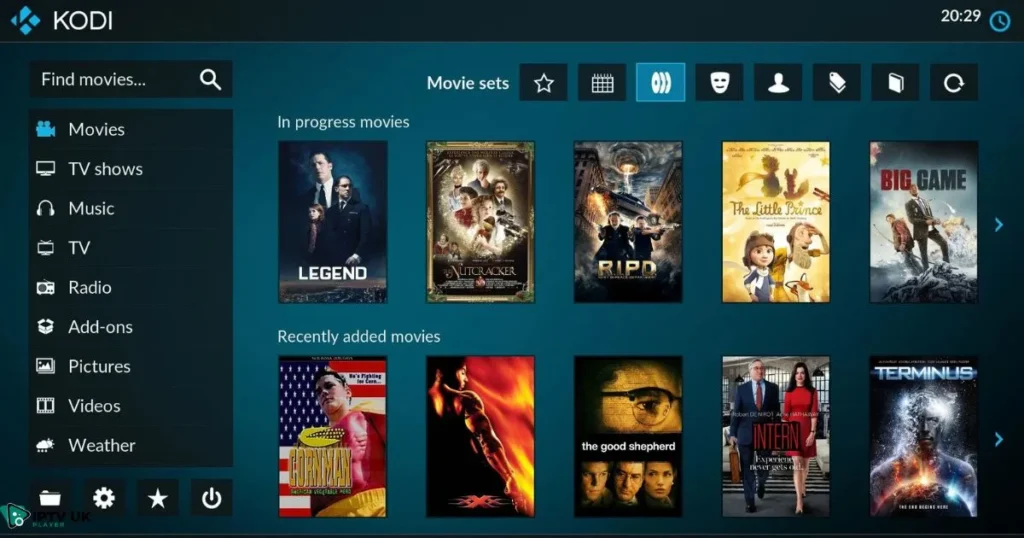 Kodi on Firestick interface displaying movies, TV shows, and live sports