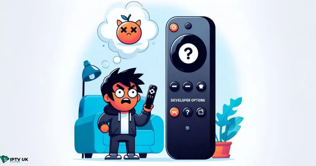 Frustrated user troubleshooting missing Firestick developer options