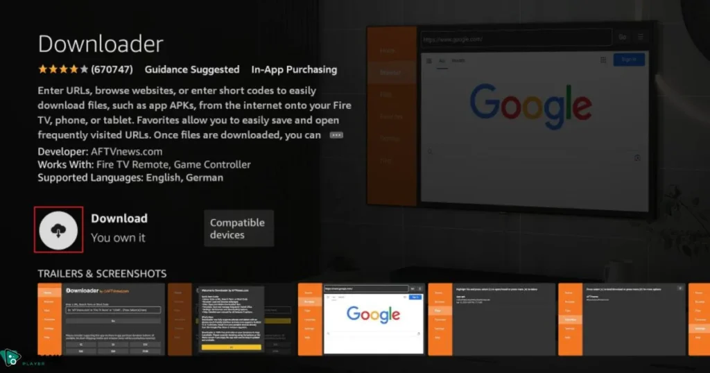 Downloader app icon on Firestick app store