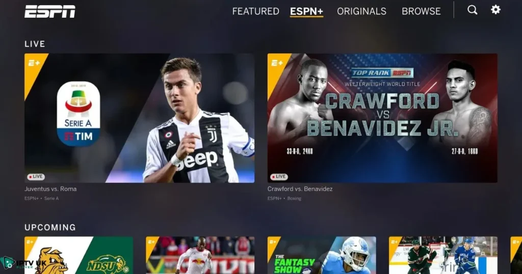 "ESPN+ interface showing live sports streaming.