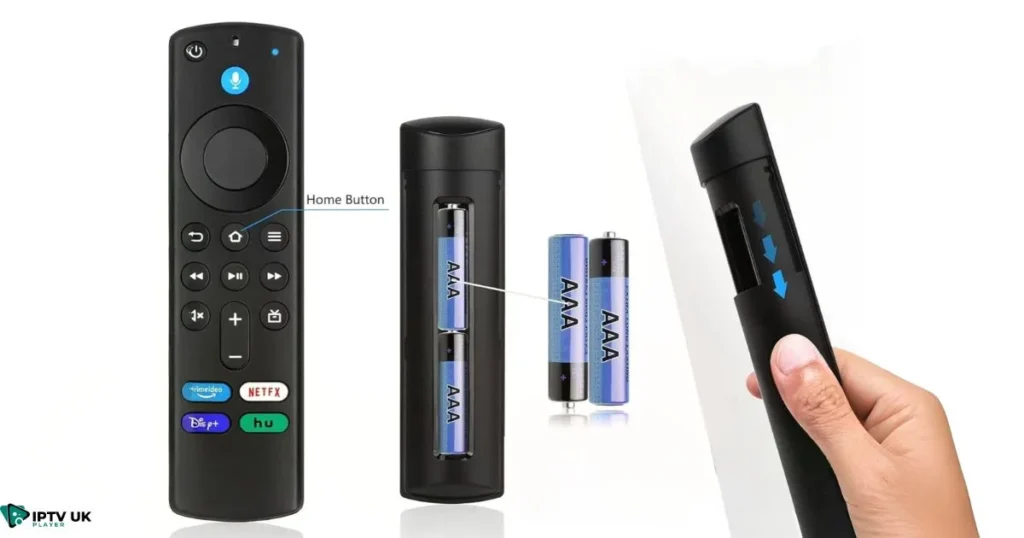 User inserting batteries into a Firestick remote, starting the pairing process
