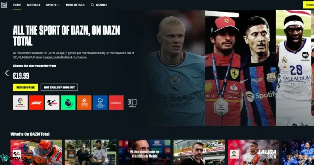 DAZN homepage featuring boxing and MMA highlights.