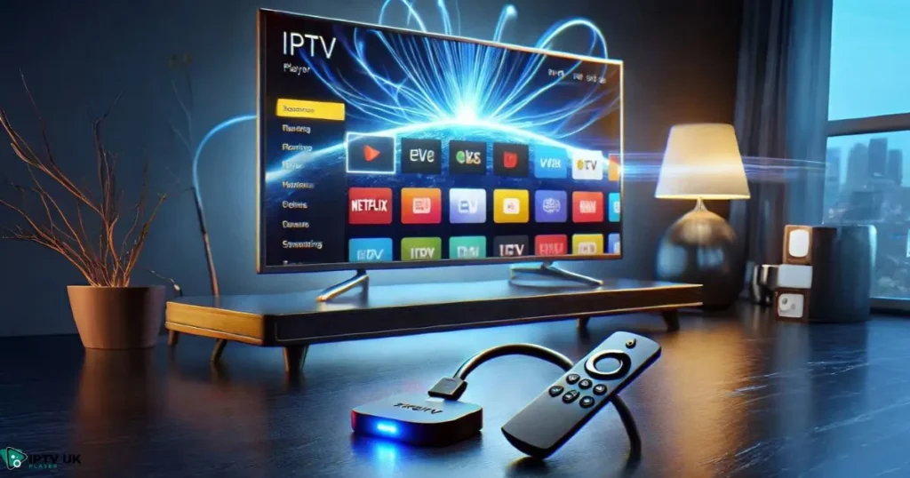 Firestick displaying an IPTV Player interface on a smart TV.