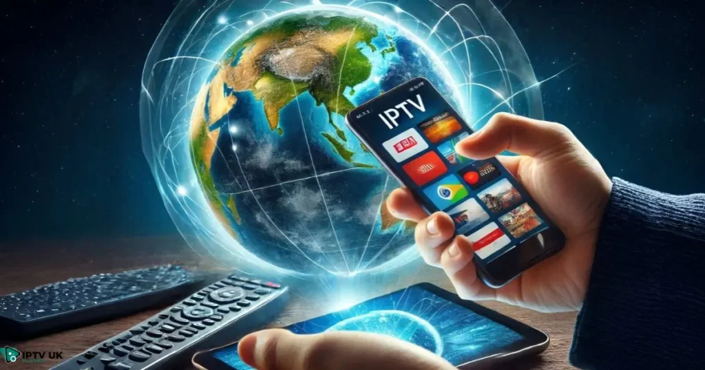 A smartphone and tablet streaming TV channels via an IPTV abonnement, showcasing global entertainment access.