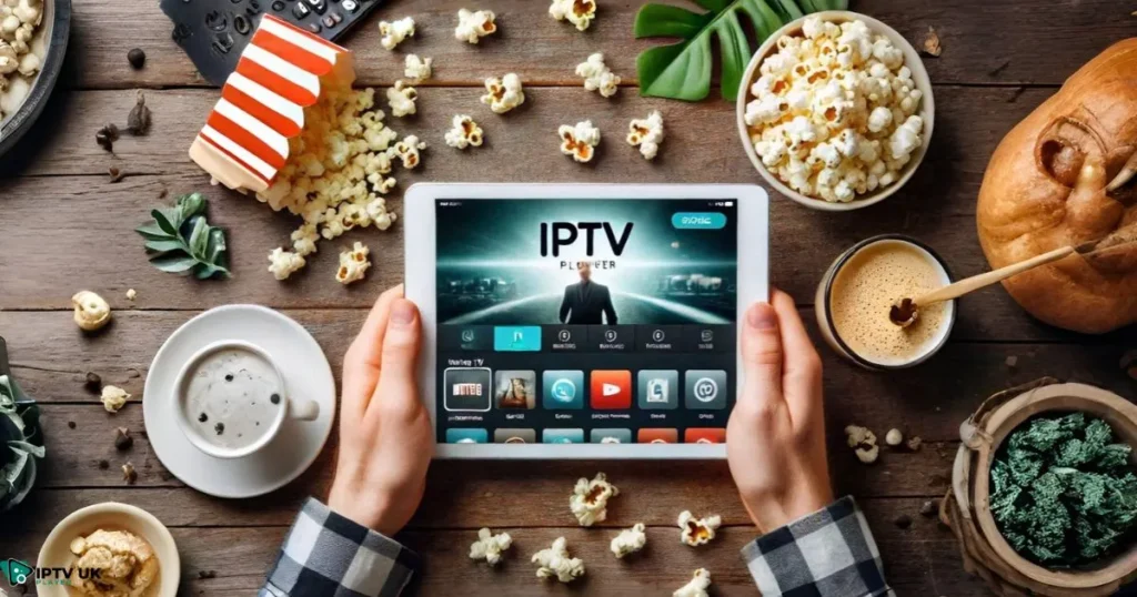 User streaming live TV and VOD using an IPTV Player app on a tablet.