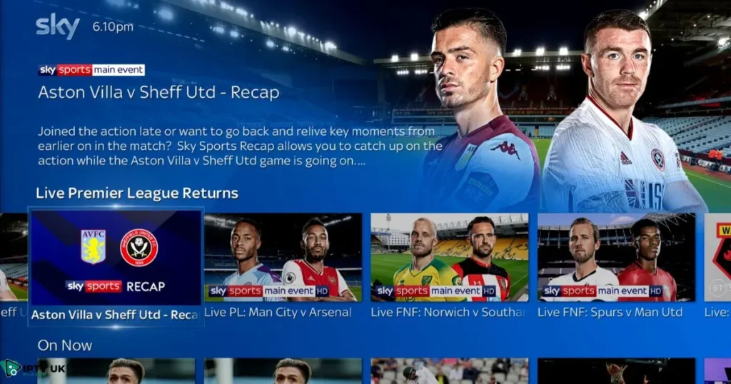 Sky Sports interface showing live football.