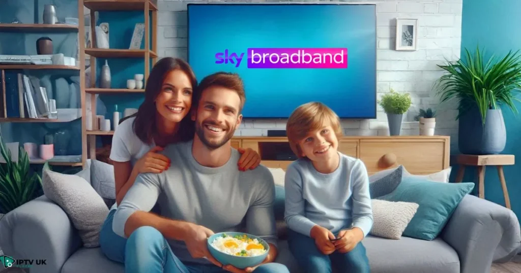 Happy family streaming IPTV with Sky Broadband, known for being one of the best broadband for IPTV 2025