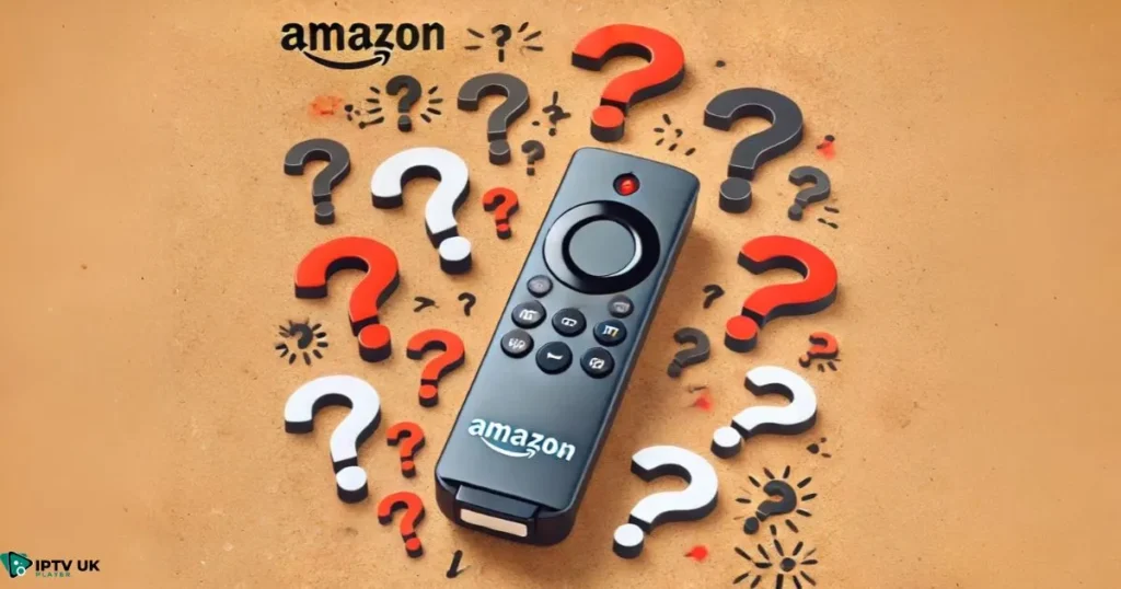 Firestick device with question marks symbolizing FAQ about Dodgy Firestick.