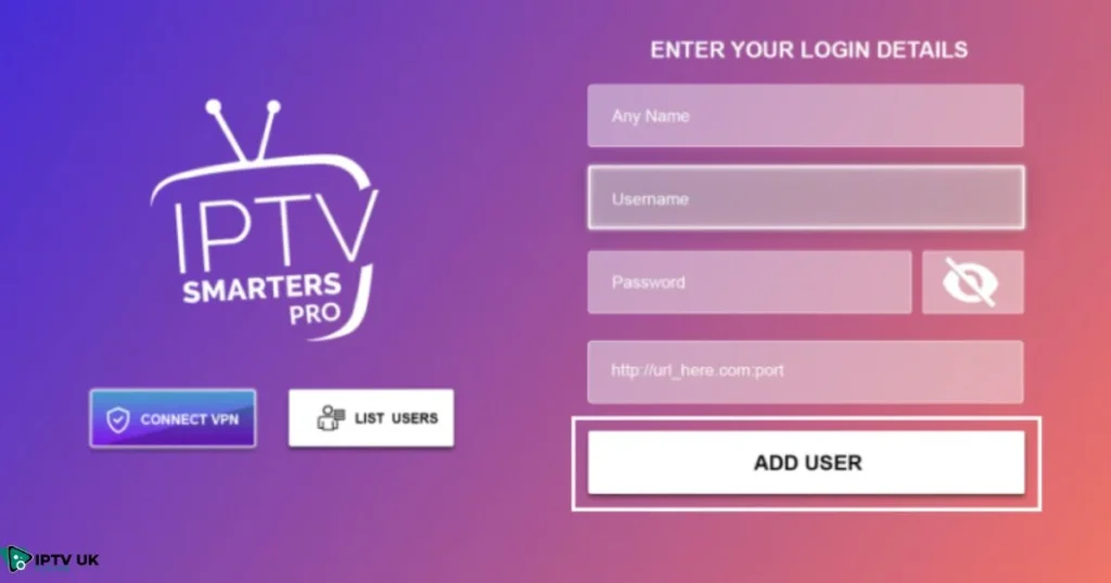 Login page for IPTV Smarters Pro showing correct credentials to fix IPTV Smarters Pro not working