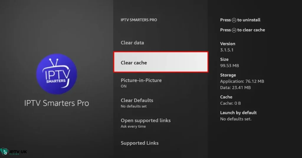 Steps to clear cache on IPTV Smarters Pro on Firestick to fix not working issues.