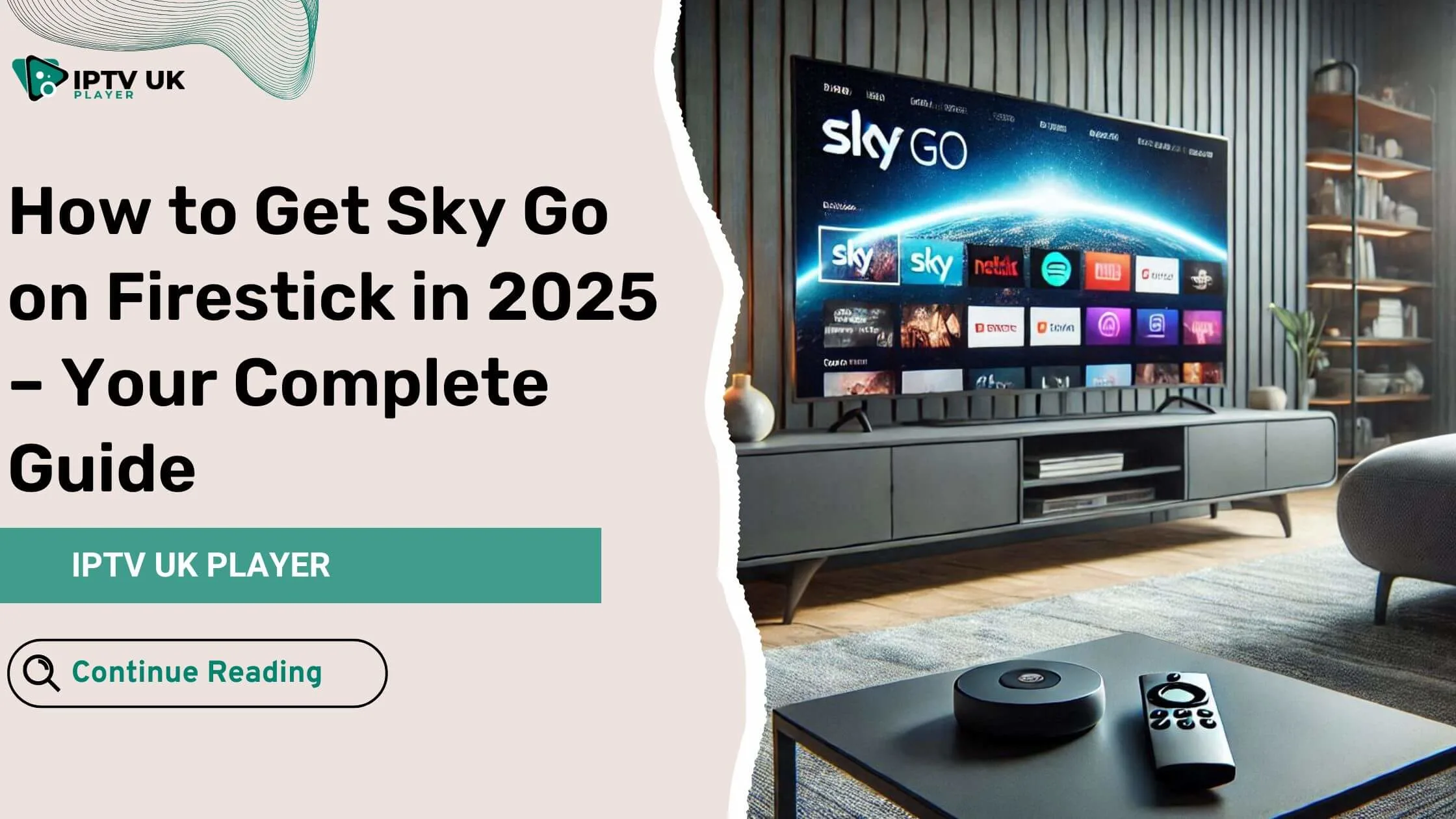 Sky Go on Firestick displayed on a large TV in a modern living room.