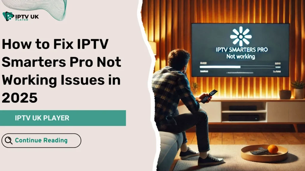 Frustrated man dealing with IPTV Smarters Pro not working, staring at a blank TV screen with an error message