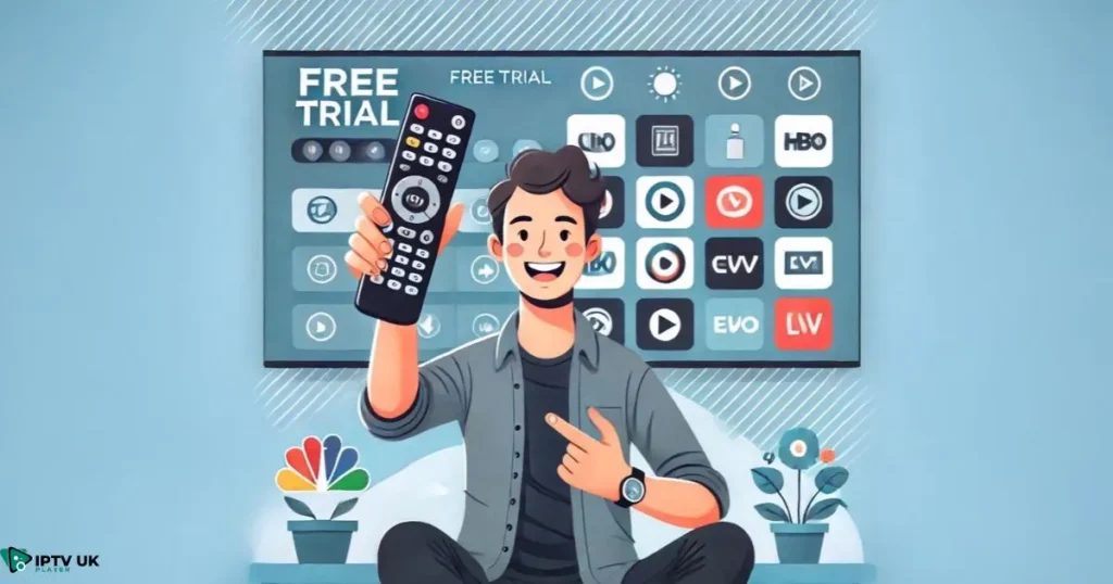 A happy user holding a remote, with a TV screen showing 'Free Trial' and channel icons