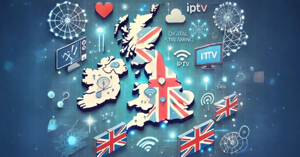 Map of the UK with digital streaming symbols representing IPTV services