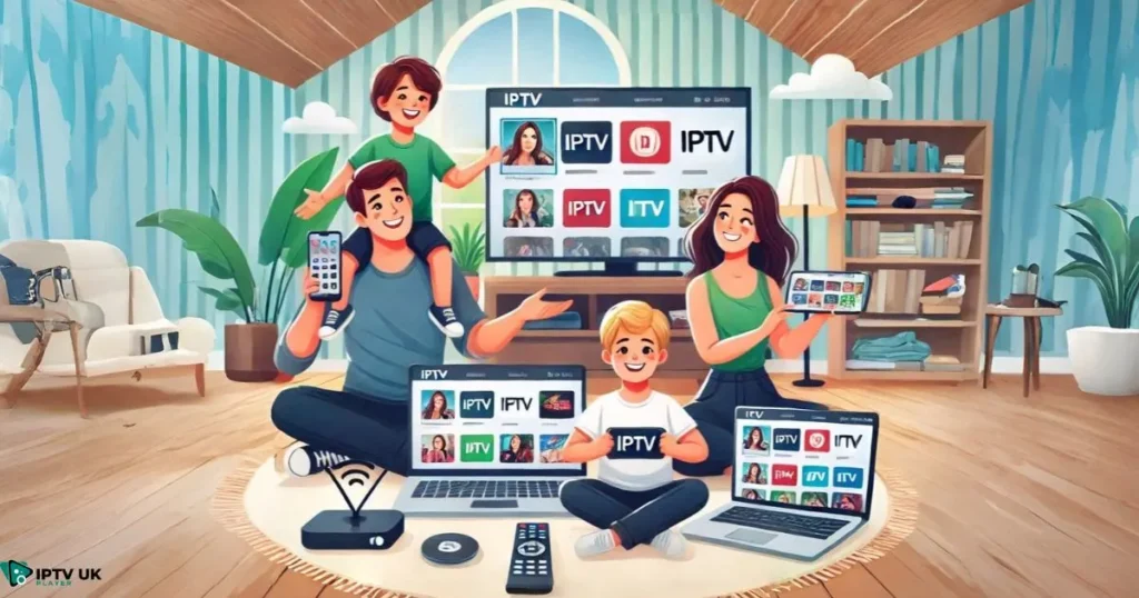 Family enjoying IPTV on multiple devices
