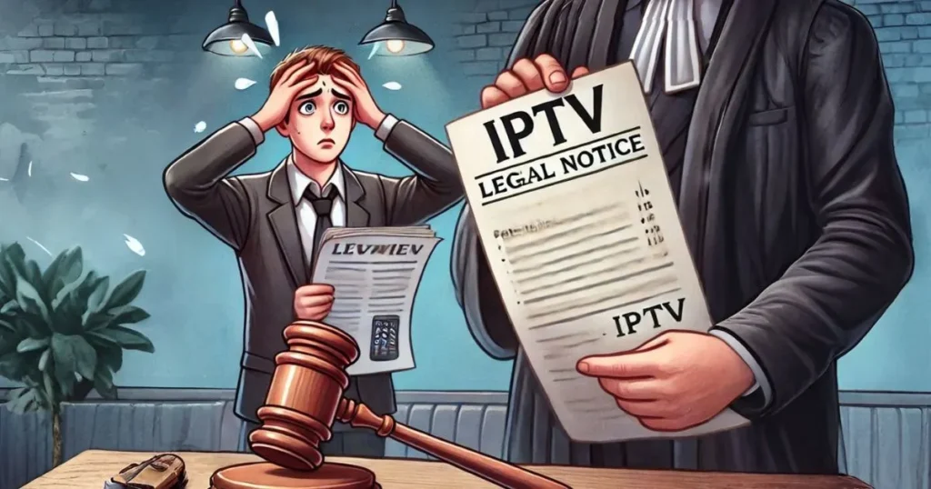 Person reading a legal notice about IPTV with a judge's gavel.