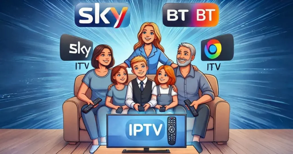 Family watching TV with logos of legitimate IPTV providers.