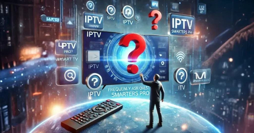 User interacting with a smart TV, with question marks symbolizing FAQs about IPTV Smarters Pro Subscription