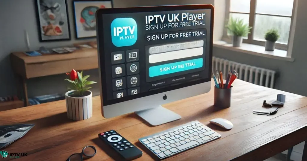 Computer screen showing the IPTV UK Player registration page with 'Sign Up for Free Trial' button highlighted