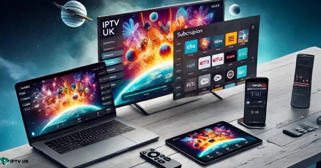 Laptop showing IPTV UK Player interface and £14.99 subscription price