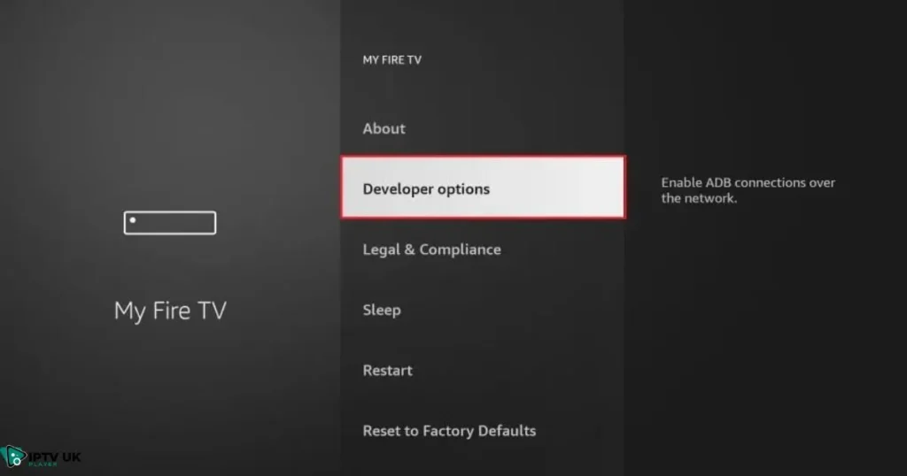 Jailbreak Firestick settings screen showing Developer Options for modifying the device