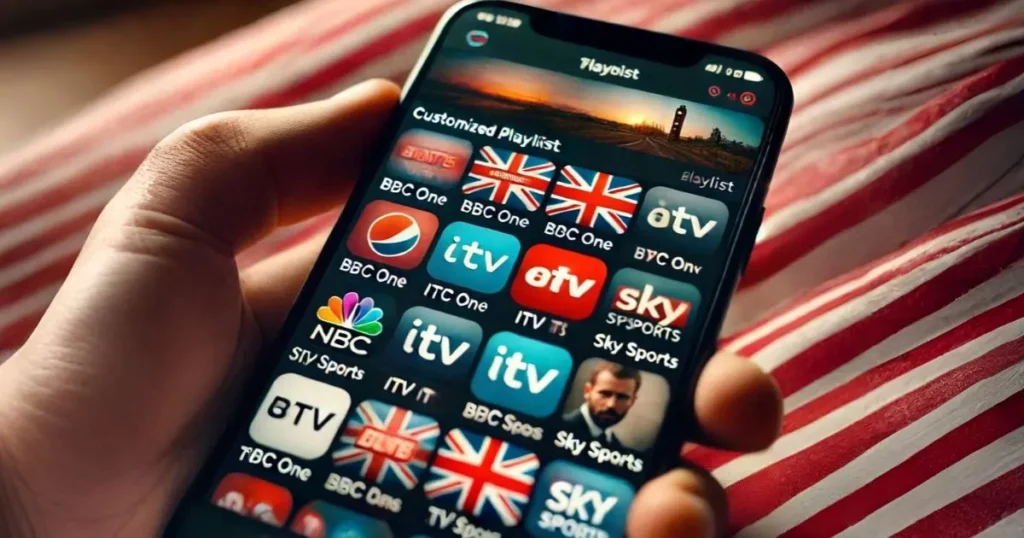 Navigating British IPTV playlist on a smartphone with UK TV channels.