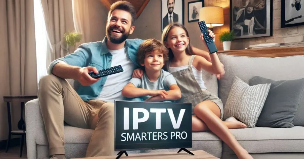 Happy family enjoying a movie on a smart TV, illustrating satisfaction with IPTV Smarters Pro