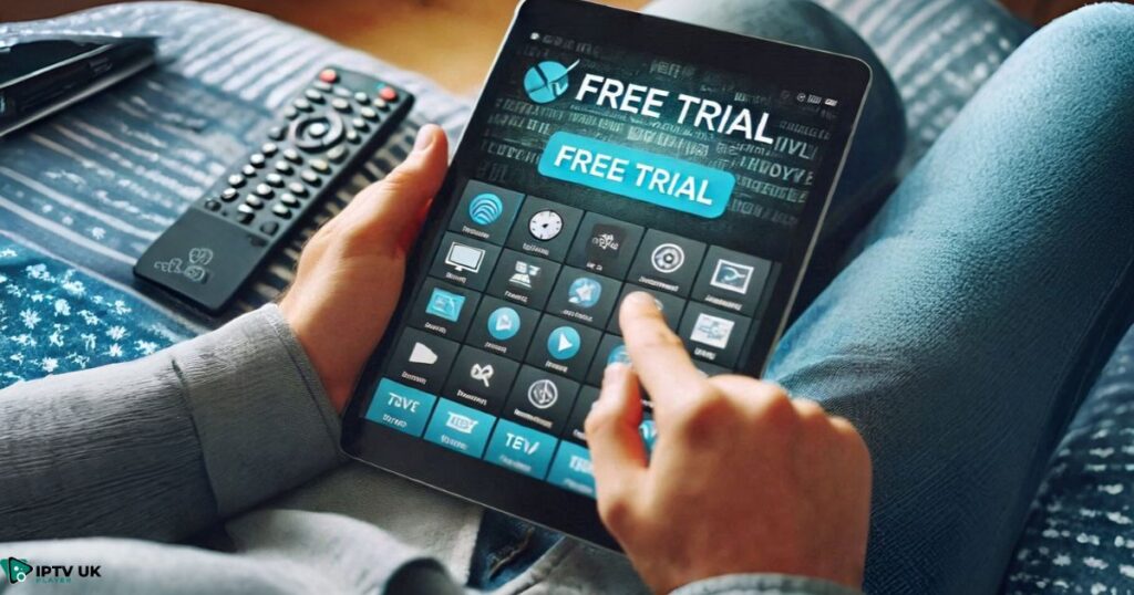 User testing IPTV service on a tablet with a 'Free Trial' badge