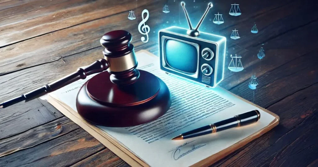 Legal document with a gavel and a TV, symbolizing IPTV service legality