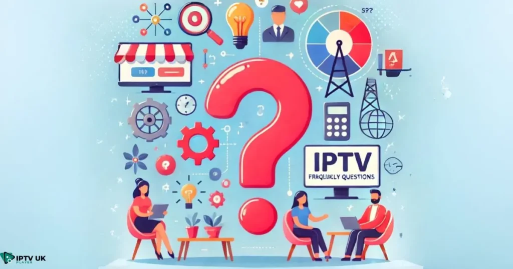 "Illustration with a question mark and icons symbolizing FAQs about IPTV