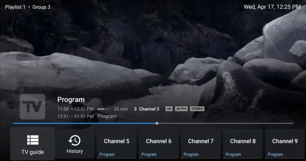 Customizable interface settings of TiviMate IPTV Player on a large TV screen