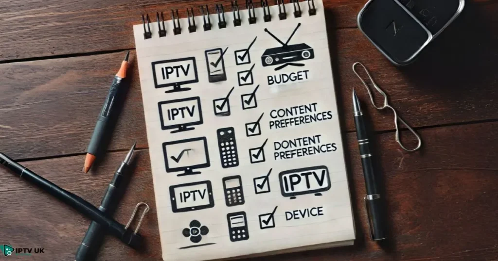 Checklist for choosing an IPTV plan with criteria like budget and content preferences.