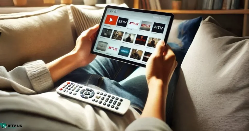 Person sitting on a couch, using a tablet to explore TV shows on an IPTV service