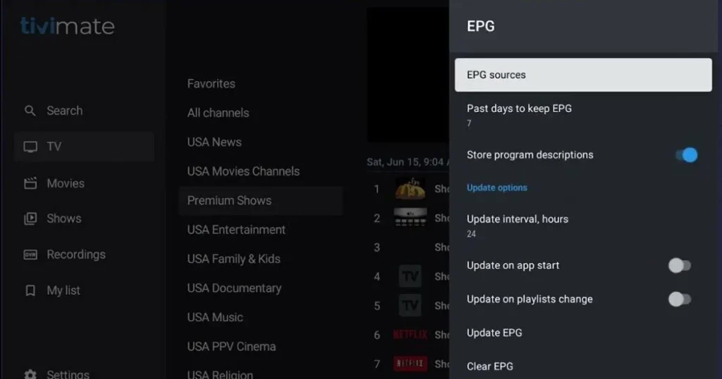 Electronic program guide (EPG) integration in TiviMate with detailed channel listings