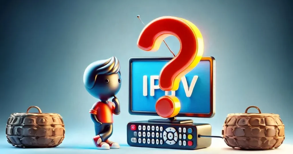 Question mark icon next to a TV screen, symbolizing FAQs about IPTV Subscribe services