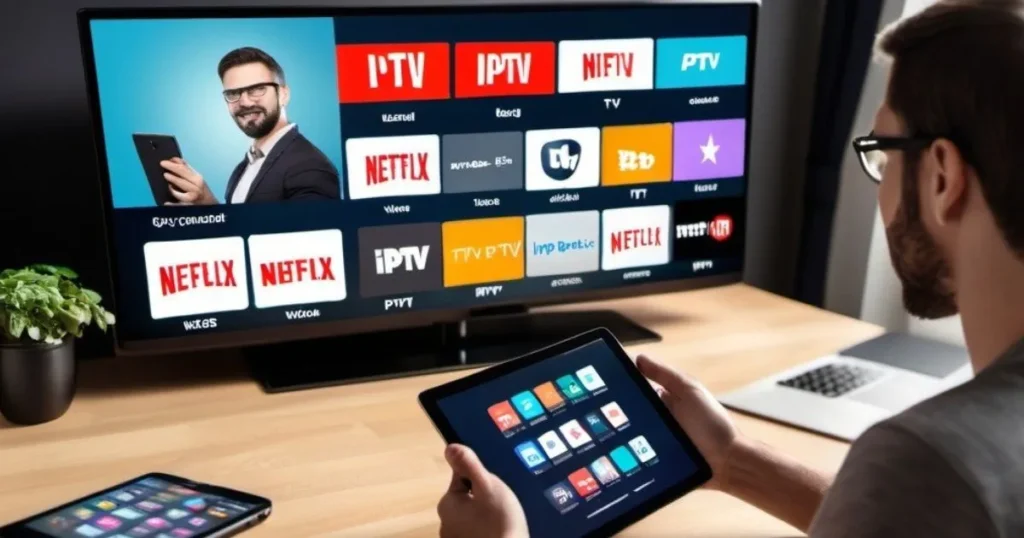 Multiple devices displaying IPTV streaming interfaces