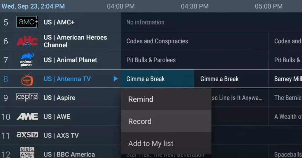 Catch-up and recording options on TiviMate IPTV Player interface