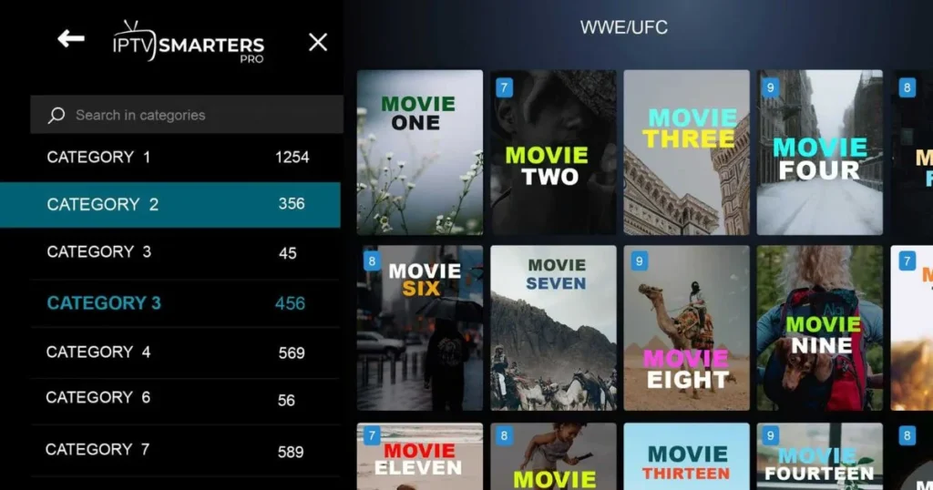 Digital interface on a smart TV showing IPTV Smarters Pro menu with various content categories.