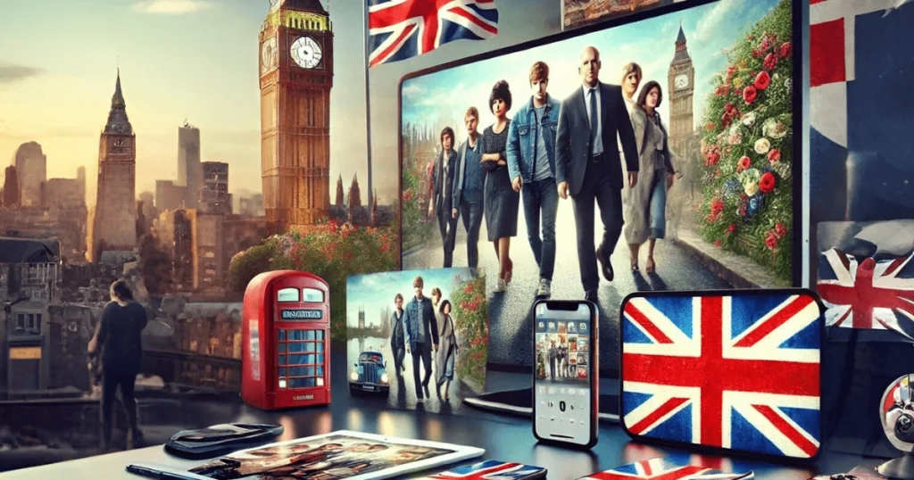 Multiple devices showing British TV shows with landmarks in the background.