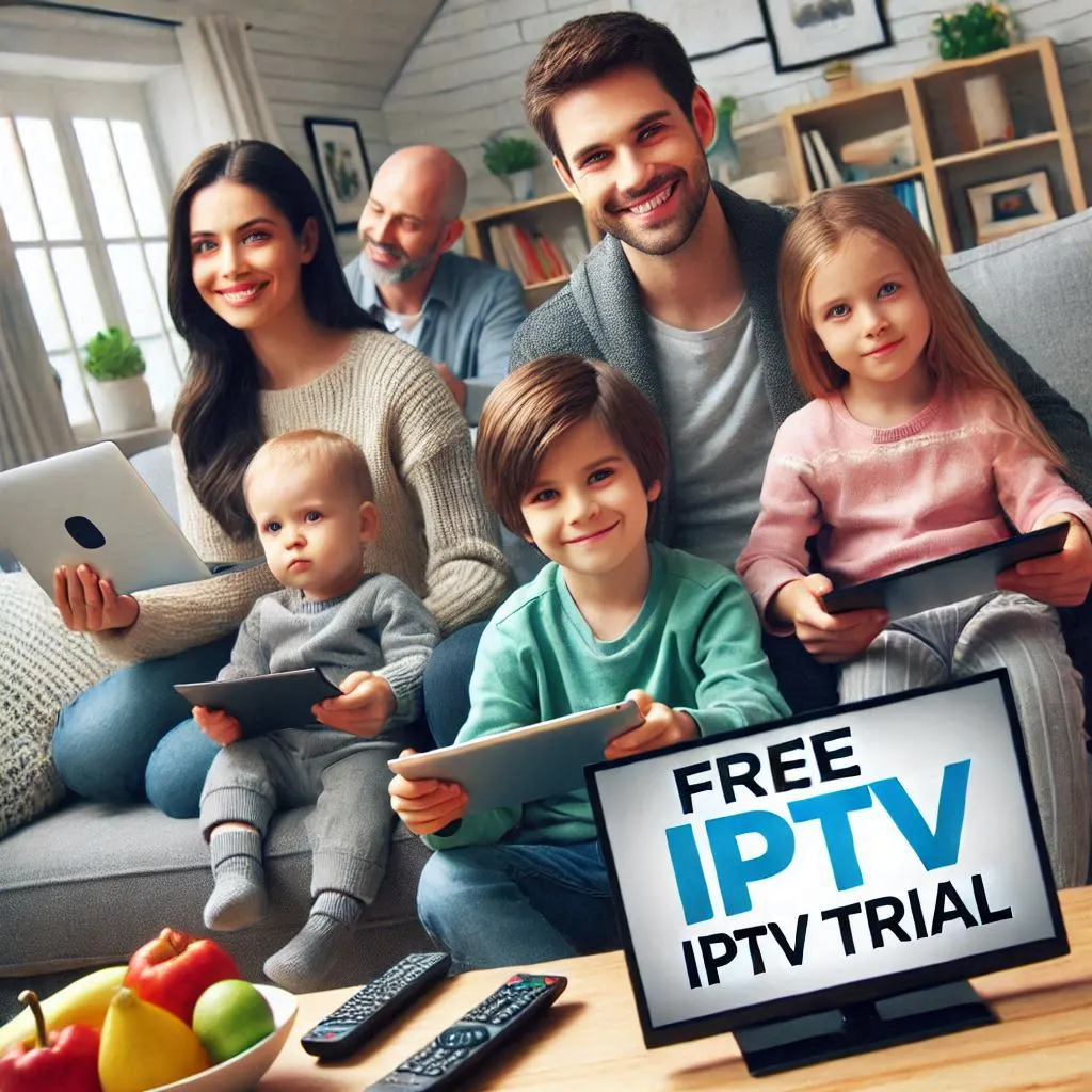 a family with devices watching TV in a free IPTV trial